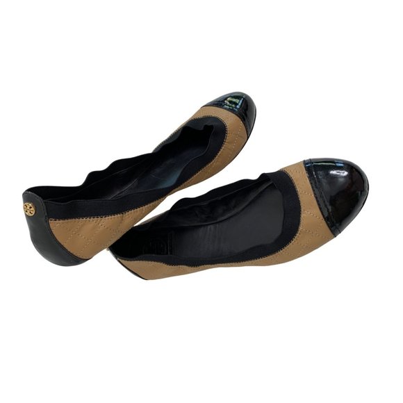 9.5 Tory Burch Quilt Scrunch Bridgette Leather Ballet Flats Black Toe Cap - Picture 7 of 12